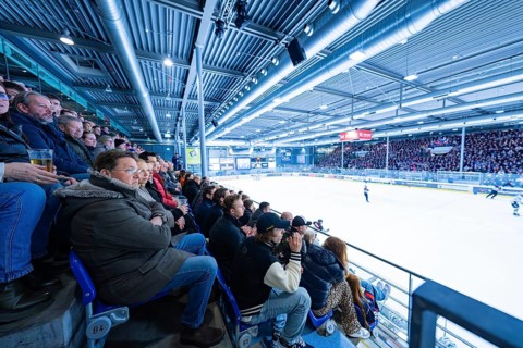 Full grandstand in a stadium, watching the ice hockey game, Heilbronner Falken Vs Bietigheimer