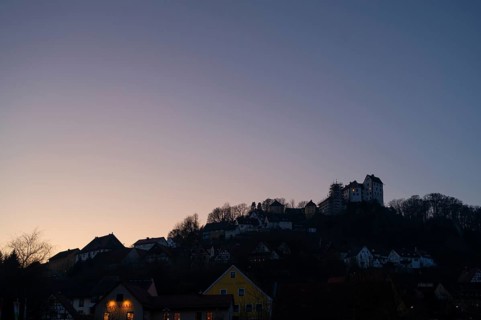 Evening silhouette of Egloffstein with its historic castle, Egloffstein, Upper Franconia, Bavaria,