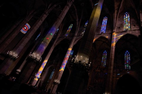 Play of colours, play of light, colourful church windows, interior view, La Seu, Basilica de Santa