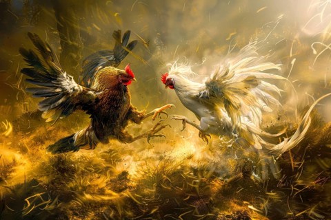 Surrealist representation of a cock fighting, AI generated