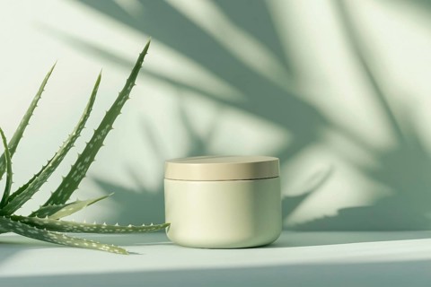 Pot of face cream with Aloe Vera plant. Generative AI, AI generated