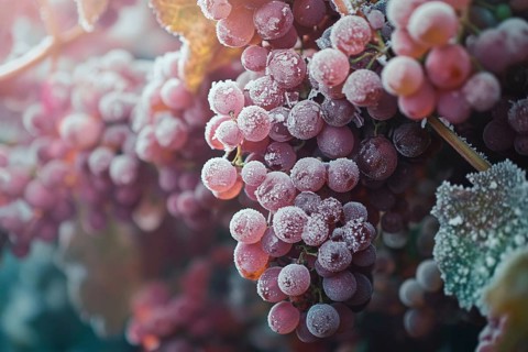 Red grapes with frost in late autumn. Generative AI, AI generated
