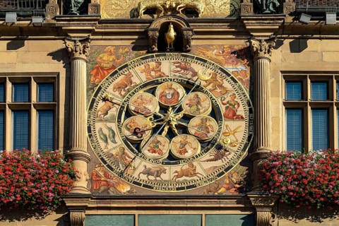 Historic astronomical clock at the town hall in Heilbronn, Baden-Württemberg, Germany, Europe