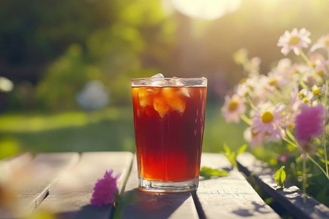 Drinking glass of iced tea on table in garden white summer flowers. Generetiave AI, AI generated