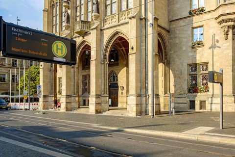 Tram stop Fischmarkt and town hall in the historic city centre of Erfurt, Thuringia, Germany, for