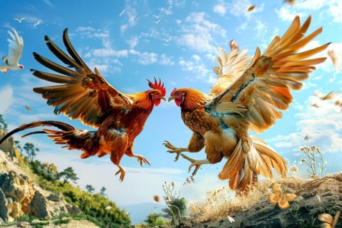 Surrealist representation of a cock fighting, AI generated