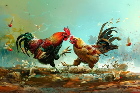Surrealist representation of a cock fighting, AI generated