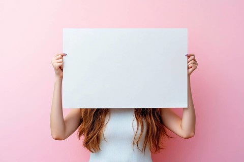 White empty sign being held by woman in front of pastel pink studio background. Generative AI, AI
