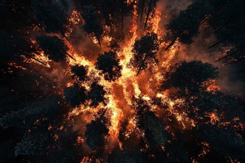Top view of burning forest at night. Generative AI, AI generated