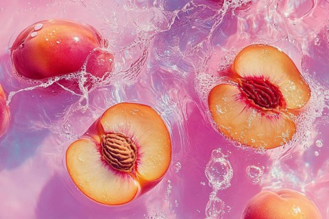 Halves of a peach fruits with kernels floating in water. Generative Ai, AI generated