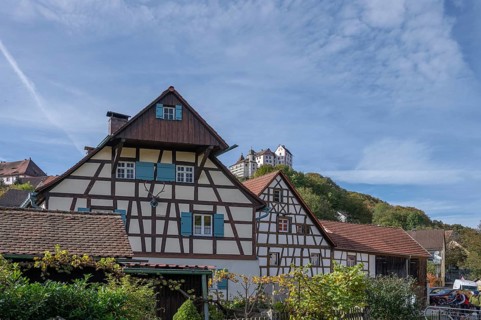 Historic half-timbered house, above Egloffstein Castle, built around 1150, Upper Franconia, Bavaria