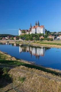 Albrechtsburg Castle and cathedral towers with reflection in the Elbe, Meissen, Saxony, Germany,
