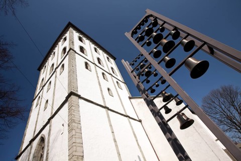 The Protestant Jakobikirche with bronze bells, Lippstadt, North Rhine-Westphalia, Germany, Europe