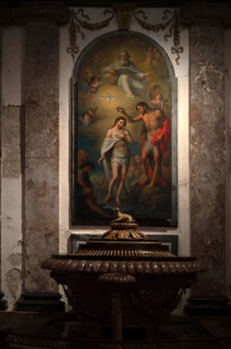 Baptismal font, Painting, Interior view, La Seu, Basilica de Santa Maria, Cathedral of St Mary,