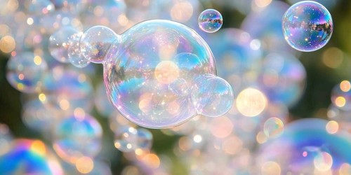 Colorful soap bubbles floating in air in sunlight. Generative AI, AI generated