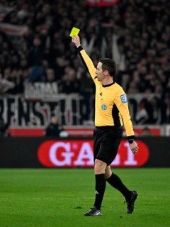 Referee Referee Benjamin Brand shows yellow card yellow caution MHPArena, MHP Arena Stuttgart,