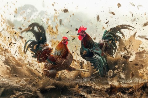 Surrealist representation of a cock fighting, AI generated