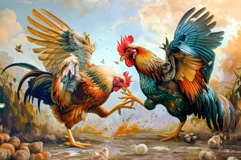 Surrealist representation of a cock fighting, AI generated