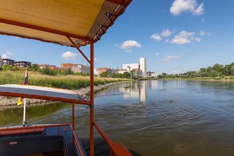 City view with Elbe from the ferry, Riesa, Saxony, Germany, Europe
