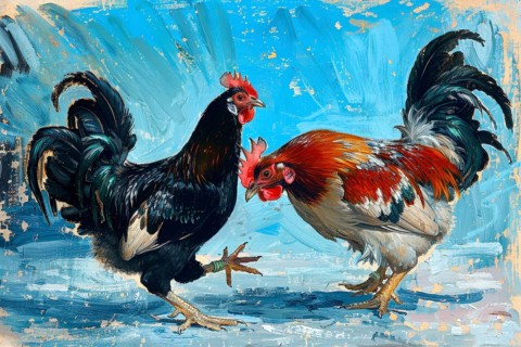 Surrealist representation of two cocks, AI generated