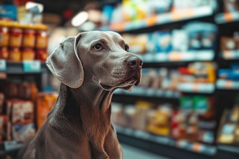 Large dog in supermarket with shelves of food on blurry background. Generative AI, AI generated