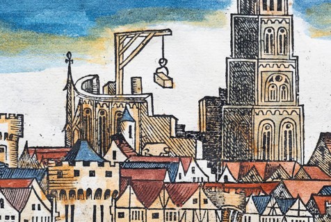 Cathedral and cathedral building, medieval city view, Cologne or Colonia, old coloured woodcut
