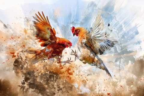 Surrealist representation of a cock fighting, AI generated