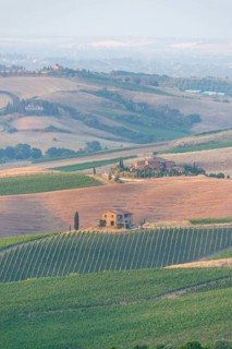 Hilly landscape in Tuscany, view from the upper city wall of Montepulciano, Tuscany, Italy, Europe