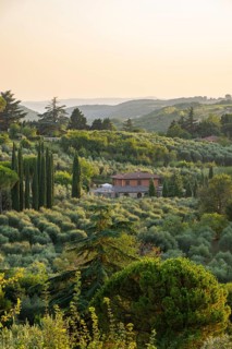Hilly landscape in Tuscany, view from the upper city wall of Montepulciano, Tuscany, Italy, Europe
