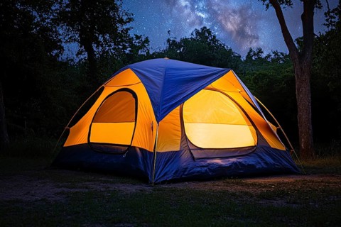 Tent with light at night with many stars in sky. Generative AI, AI generated