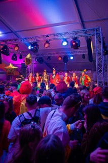 Colourful carnival concert with costumed performers on the illuminated stage, carnival,