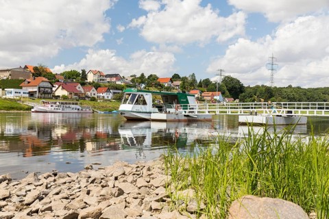 Ferryboat Stolzenfels at the pier in Diesbar-Seußlitz on the banks of the Elbe, in the background
