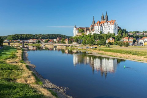 Albrechtsburg Castle and cathedral towers with reflection in the Elbe, Meissen, Saxony, Germany,