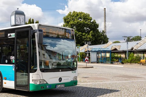 A bus on route 405 of the VGM travelling in the direction of Radeburg at the bus station in Coswig,
