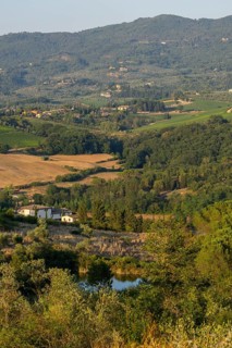 Tuscan landscape, country estate with vineyards, forests, olive trees and cypresses in Chianti,