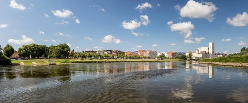 Panorama of the city view with Elbe, Riesa, Saxony, Germany, Europe