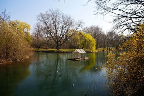 The River Lippe at Laumannshügel with the artwork Arche by Christoph Hildebrand, Lippstadt, North