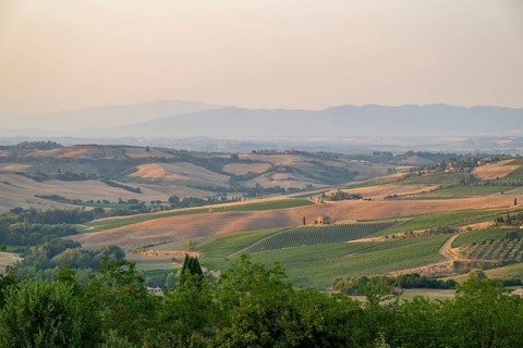 Hilly landscape in Tuscany, view from the upper city wall of Montepulciano, Tuscany, Italy, Europe