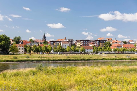 City view over the Elbe with Trinitatis Church, Riesa, Saxony, Germany, Europe
