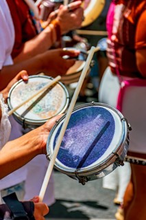 Tambourines at the street carnival during a parade of a group of samba dancers, Belo Horizonte,