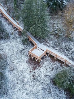 Wooden path with small platform in the snow-covered forest, New wooden walkway in the Calw city