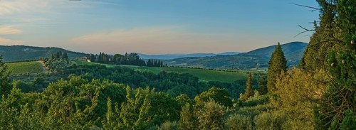 Tuscan landscape next to greve in Chianti and Montefioralle, country estate with vineyards,