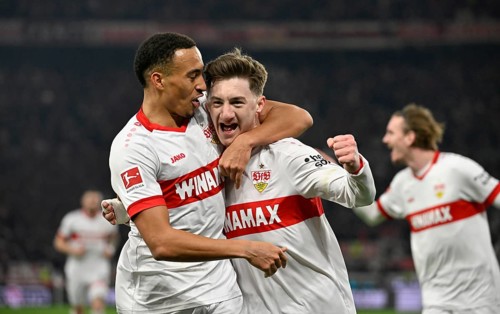 Goal celebration Angelo Stiller VfB Stuttgart (06) Jamie Leweling VfB Stuttgart (18) Nick Woltemade