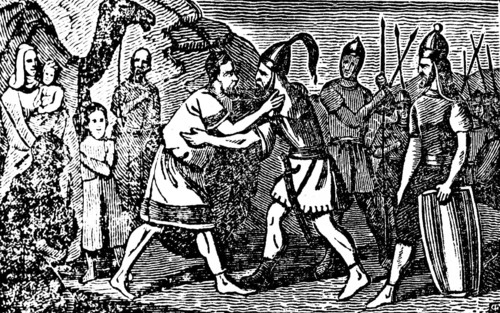 Embrace and reconciliation of the brothers Jacob and Esau in Canaan, family, woman, children,