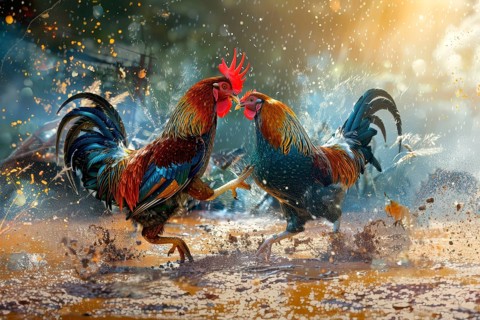Surrealist representation of a cock fighting, AI generated