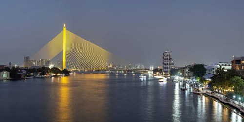 The illuminated Rama VIII Bridge over the Mae Nam Chao Praya, Bangkok, Thailand, Asia