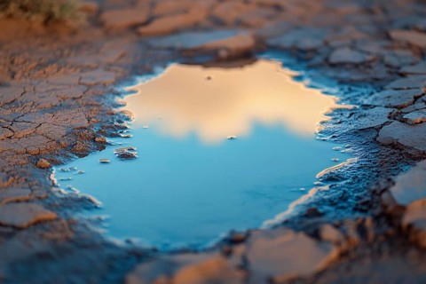 Close up of small water puddle in desert. Drough concept. Generative AI, AI generated