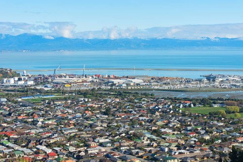 View of Nelson town and Mount Arthur mountain range in the distance, Nelson, Nelson Region, South