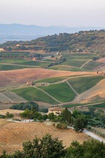 Hilly landscape in Tuscany, view from the upper city wall of Montepulciano, Tuscany, Italy, Europe