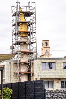 DITIB New Mosque in Duisburg Hüttenheim, new building, minaret under renovation, behind it tower of